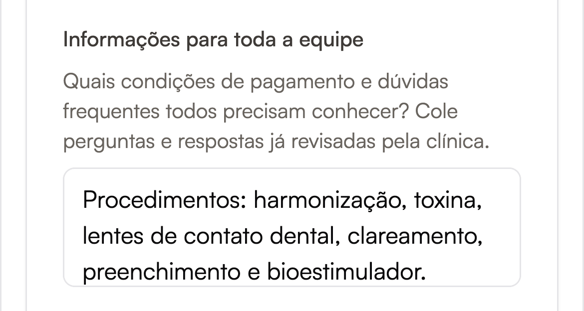 Configurações da IA com as orientações publicadas da atendente Clara: procedimentos, valores de referência e regras