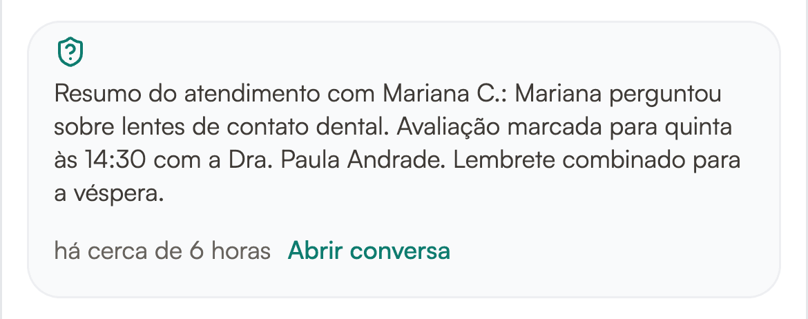 Resumo do atendimento publicado na conversa, com o que a paciente pediu e o que foi combinado